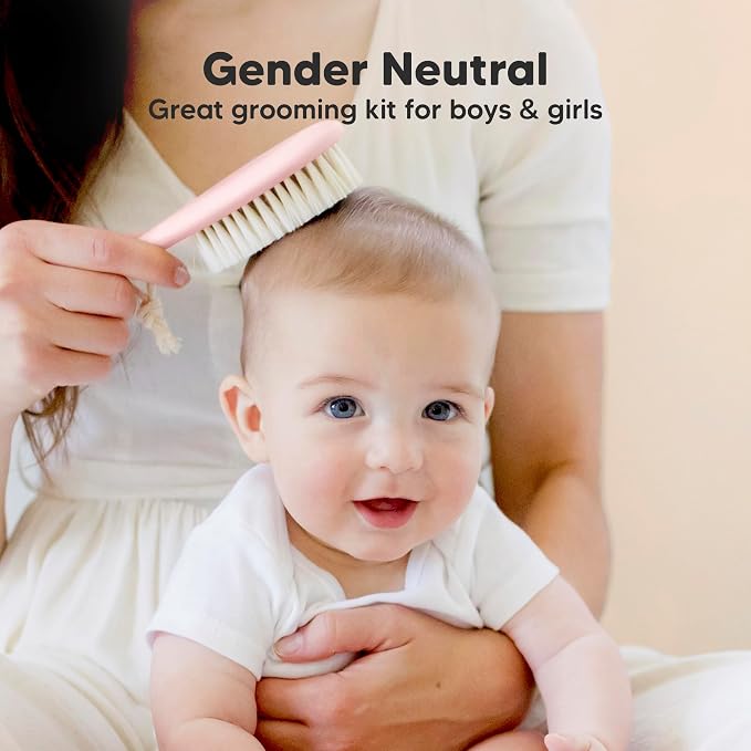 Wooden Baby Hair Brush Set for Newborns, Toddlers - Soft Goat Bristle Baby Brush and Comb Set Newborn Grooming Kit for Cradle Cap Care, Durable & Gentle, Boy, Girl Infant Essentials (Regular, Blush)