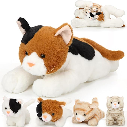 Skylety 5 Pieces Cat Stuffed Animal with Babies Inside Belly Plush Cat Pregnant Mommy Kitty with 4 Cute Fluffy Stuffed Kittens Christmas Birthday Surprise Gifts(Orange, Black, White)