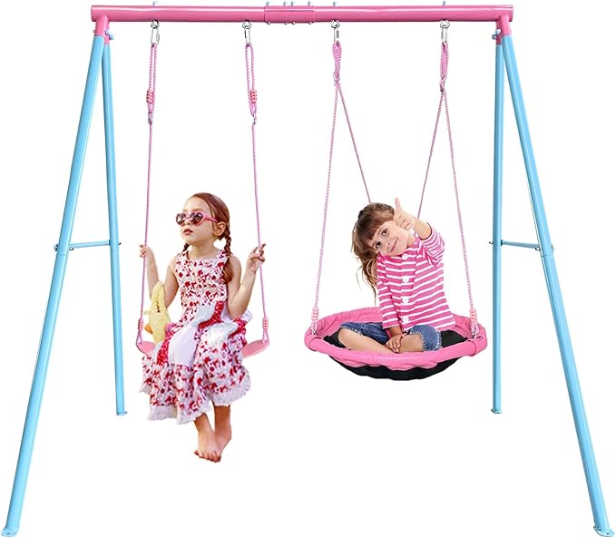 JYGOPLA 440lbs 2 Seat Kids Small Swing Sets for Backyard, 1 Saucer Tree Swing 32 inch, 1 Belt Swings, Heavy Duty Metal Swing Stand with Anchors(Pink+Blue)