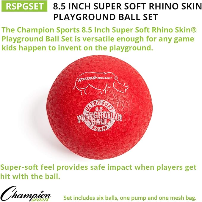 Champion Sports Super Soft Playground Ball Set – Rhino Skin® Foam Inflatable Balls for Indoor & Outdoor Play Durable, Lightweight & Safe for All Ages, Set of 6 with Pump & Mesh Bag