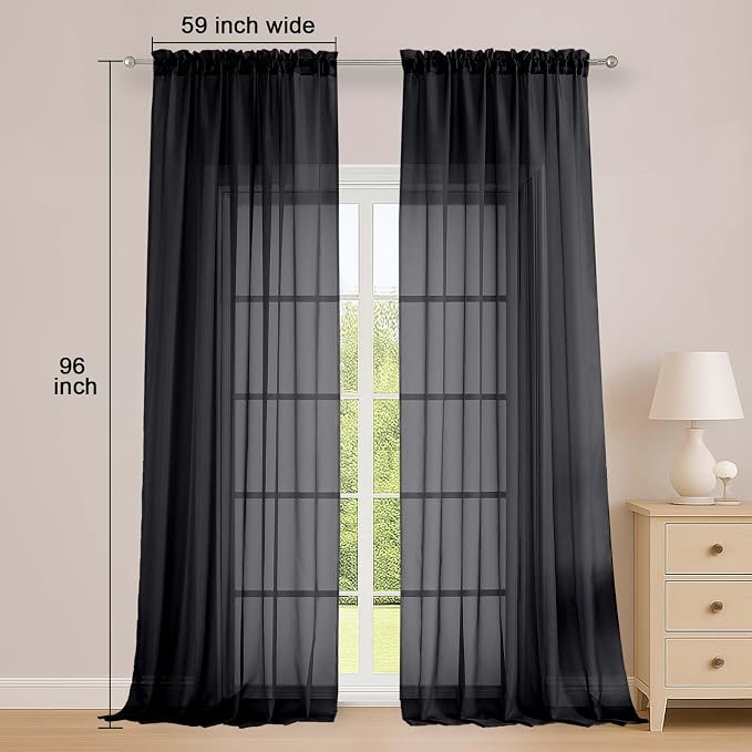 OWENIE Black Sheer Curtains, Sheer Curtains 96 inches Long 2 Panels Set, Rod Pocket Voile Fimly Sheer Drapes for Living Room/Bedroom, 2pcs, Each 59" W x 96" L