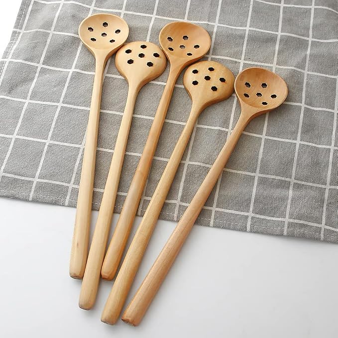 1 Pcs Olive Wooden Spoon,11 In Korean Style Long Handle Round Slotted Spoon | Long Slotted Spoon for Jam Olive