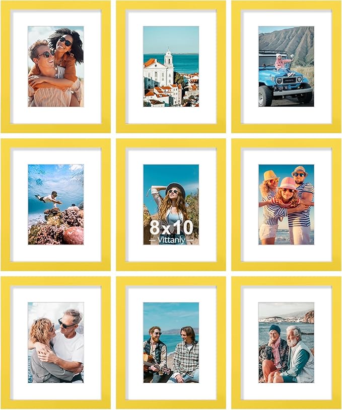 Vittanly 8x10 Picture Frames Set of 9 for Wall or Tabletop Display, Yellow | Display Pictures 5x7 with Mat or 8x10 without Mat, Small Photo Frames, Engineered Wood with Shatter Resistant Plexiglass