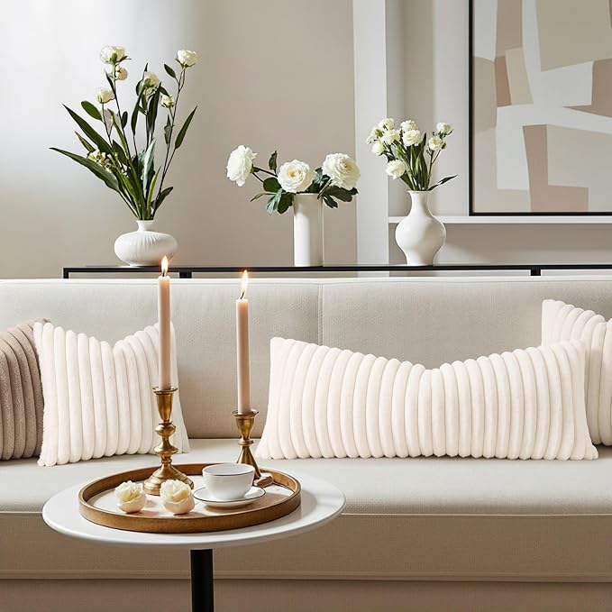 decorUhome Fall Faux Fur Throw Pillow Covers 14x36 Pack of 1 Cream White | Decorative Soft Cozy Striped Plush Modern Farmhouse Boho Couch Pillow Cases Velvet Back for Sofa Bed Living Room Home Decor