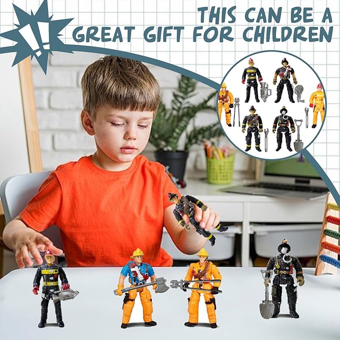 8 Pieces Firefighter Action Figures Fireman Figurines Toys with Tools for Party Decoration People Figures Playset for Kids & Toddlers