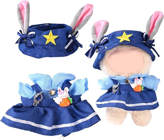 17cm Doll Clothes Set (No Doll) – Outfit with Hat & Overalls, Handmade Accessories for Mini Dolls, OB11-Compatible Dress-Up Gift (Rabbit Officer)