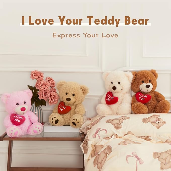 MaoGoLan Small Teddy Bear with Red Heart, 12" I Love You Valentines Teddy Bear Stuffed Animal,Velvet Red Heart Bear Gift for Kids,Girlfriend,Wife