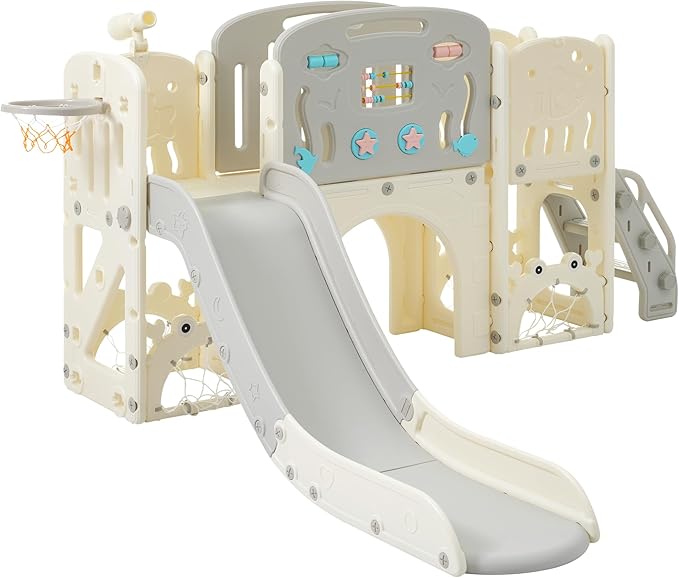 11in 1 Toddler Slide, Kid Slide for Toddlers Age 1-3 with Telescope, Basketball Hoop, and Telescope, Indoor Outdoor Playset Playground Grey Beige