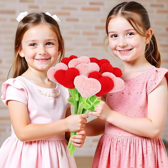 10 Pcs Plush Heart Flower Stuffed Bendable Stems Plush Bouquet Toy Soft Rose Flower 12.6 Inch for Christmas 2025 Mother's Day Girl Girlfriend Wife(Red and Pink Heart)