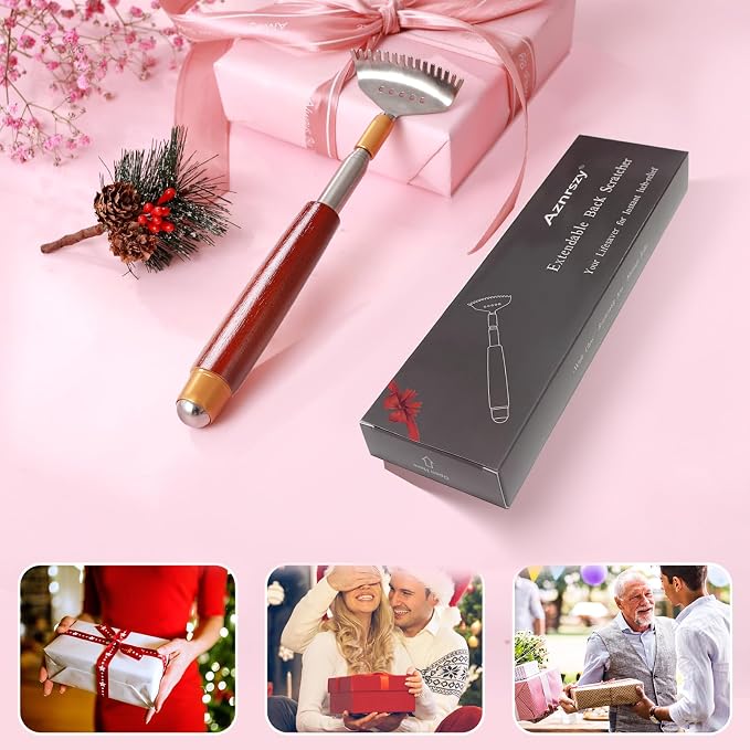 Back Scratcher for Women Men Adults Extendable with Roller Ball & Solid Wood Handle & Sturdy 304 Stainless Steel Claw, Handheld Massager for Face Neck Foot Body