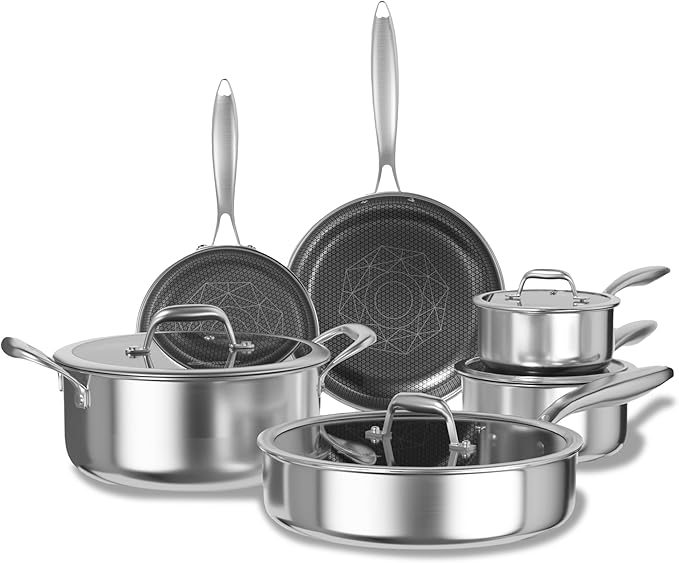 COOKER KING 10pcs Pots and Pans Set Non Stick, Stainless Steel Cookware Set | Hybrid, Non Toxic, Dishwasher and Oven Safe, All Cooktop Compatible, Stay-Cool Handles, PFOA Free