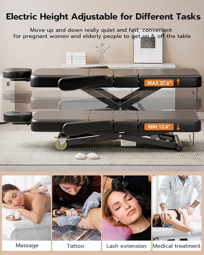 Paddie 3 Motor Fully Electric Massage Table Professional with Face Cradle & Foot Pedal, Customized Angle Folding, 550lbs Height Adjustable with Rolling Wheels, Black