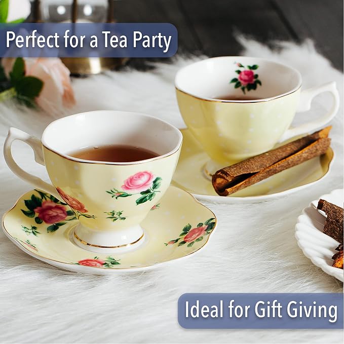 BTaT- Floral Tea Cups and Saucers, Set of 8, 8 oz | Fine Porcelain Teacup Set Gold Trim Afternoon Tea Weddings Parties Gifting Dishwasher Safe Lightweight Non Toxic
