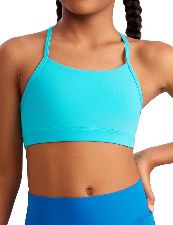 CRZ YOGA Girls Butterluxe Y Back Sports Bra - Yoga Athletic Casual Tops Scoop Neck Spaghetti Strap Padded Crop Kids Teen