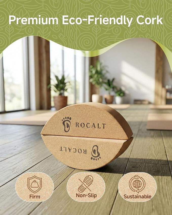 Rocalt Cork Yoga Blocks, Half Moon Foot and Calf Stretching Tool | high-density cork, curved ergonomic shape, 9.4 x 3.3 x 3.9 in, for arches, ankles, Pilates and travel