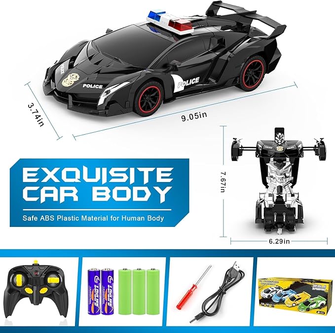 Remote Control Car - Transforming Toy Car Robot, One-Button Deformation with Flashing Lights 2.4GHz 1:18 Scale Transforming Police Car with 360-Degree Rotation Toys for Boys and Girls