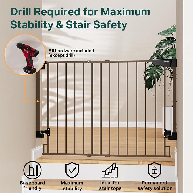 Cumbor 29.2–43" Baby Gate for Stairs, Hardware Mounted (Drill Required), Expandable No Bottom Bar Dog Gate, Auto Close Extra Wide Walk Thru, Pet & Toddler Proof Gate, Top & Bottom of Stairways (Brown)
