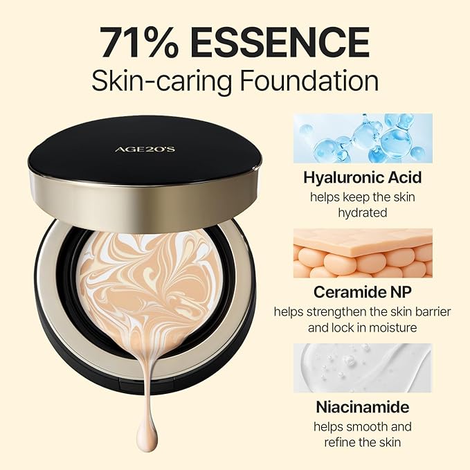 [Vegan] AGE20'S Signature Essence Pact | Pack of 1 | 33N HAZELNUT | Korean Cushion Foundation | Cream Foundation, Dewy & Glow Finish, Natural Coverage, SPF 50+