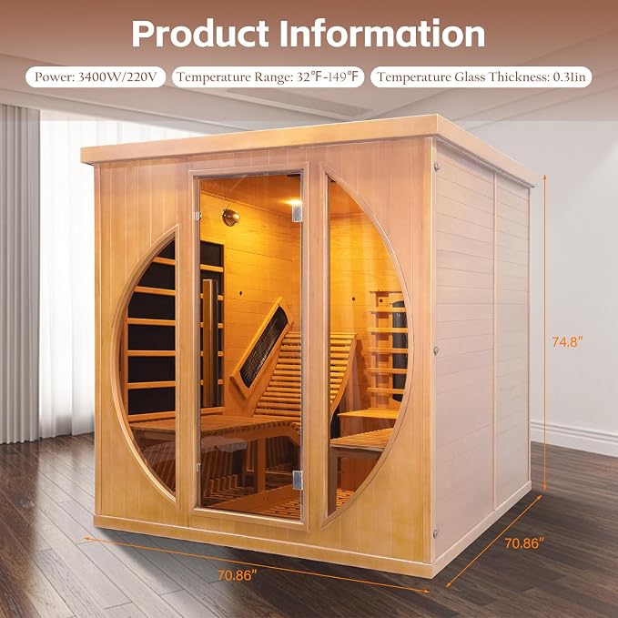 Infrared 2 Person Wooden Sauna Room, Luxurious Sauna with Recliner, 3400W Dry Heat Sauna for Home, 9 Heating Panels, Bluetooth Speaker, 7Color Lights, Oxygen Bar, 220V(Canadian Hemlock)
