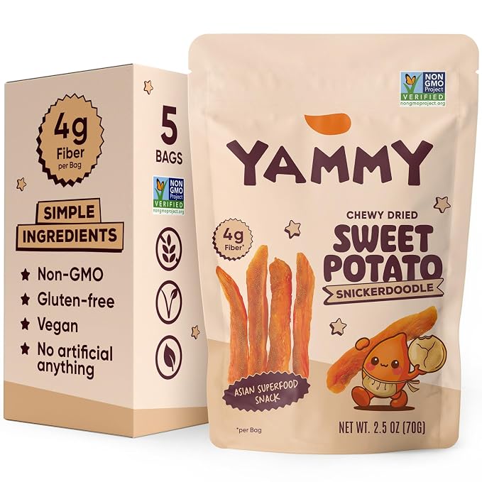 Yammy Chewy Dried Sweet Potato Sticks (Snickerdoodle 5-Pack) - Healthy Asian Snack for Adults & Kids (Japanese, Korean, Chinese Super Food) - Nature's Gummy Candy - Vegan, Gluten-Free, 4g Fiber, 2.5oz