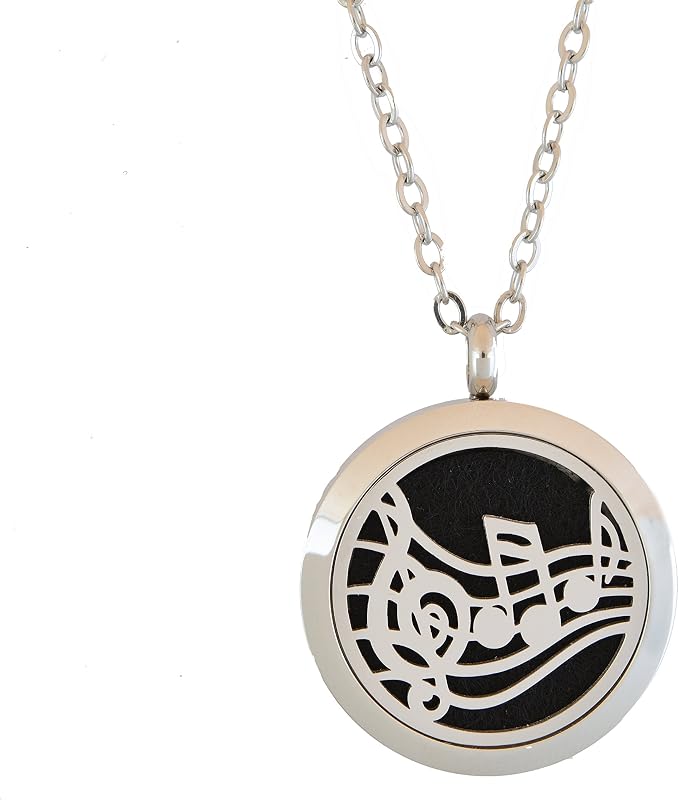 Aromatherapy Essential Oil Diffuser Stainless Steel 30MM Silver Magnetic Locket Pendant with Chain Necklace and Colored Refill Pads & Diffuser Bracelet All in a Velvet Bag (Music)