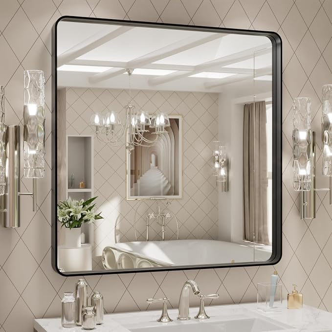 LOAAO 30x30 Inch Black Metal Framed Bathroom Mirror | Matte Black, Rounded Rectangle, Anti-Rust, Hangs Horizontally or Vertically