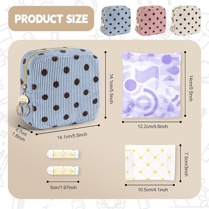 Period Bag for Teen Girls, Corduroy Cute Sanitary Napkin Storage Bag, Menstrual Pad PouchesTampon Holder for Purse (Pink-Polka Dot)