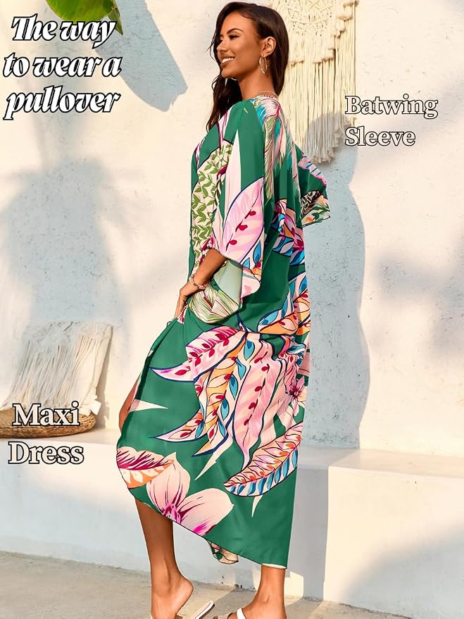 ChiaoLezhee Print Moo-Moos for Women, Kaftan Cover-Up Dresses, Sexy V-Neck High-Slit, Beach Pool-Party Coverups Muumuu Plus