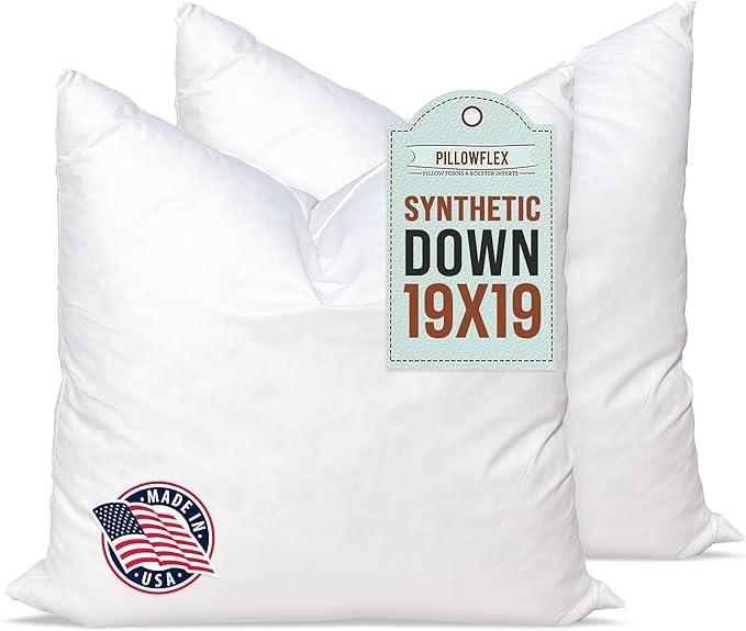 Pillowflex Synthetic Down Pillow Insert 19x19 in - Karate Chop Pillow | Set of 2 - Small Square Sham Forms, Plush Polyester Cotton Blend, Cloud-Like Comfort, Clump-Resistant Fill, Smooth Finish