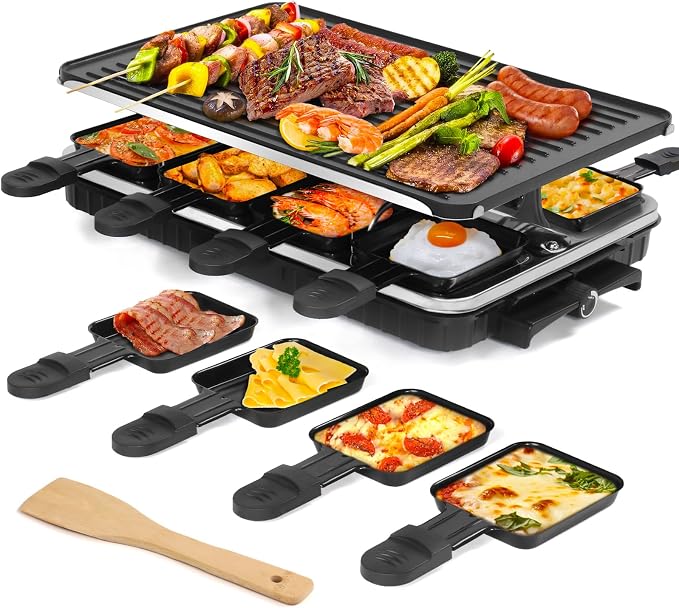 Electric Raclette Table Grill, 2 in 1 Korean BBQ Grill & Smokeless Indoor Grill, Nonstick Griddle with 8 Raclette Cheese Pans, Adjustable Temp Control, 1300W, KBBQ Party Grill for Family Gatherings