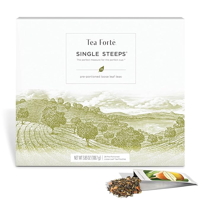 Tea Forte Single Steeps Loose Leaf Tea Sampler, Assorted Variety Tea Box, 15 Single Serve Pouches, Classic Tea