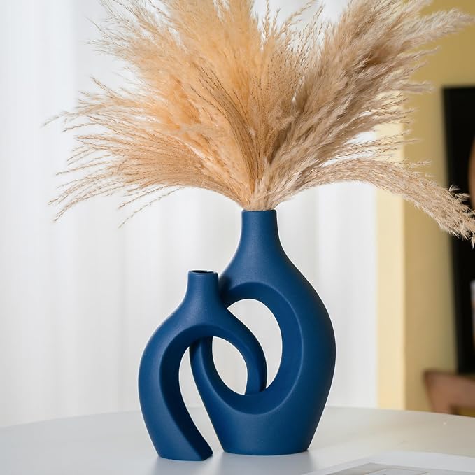 Lvases Blue Snuggle Hollow Ceramic Vase Minimalist Decorative Vases of 2 | 11 Inch Nordic Boho Decor Home Flower Vases for Living Room Coffee Table, Bookshelf Mantle & Entryway Pampas Grass Display