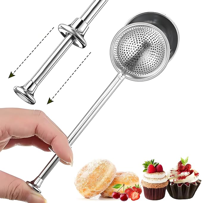 Powdered Sugar Shaker Duster Flour Sifter, Stainless Steel Fine Mesh Sifter and Operated Handle Flour Duster for Baking Sugar Tea Spices Strainers
