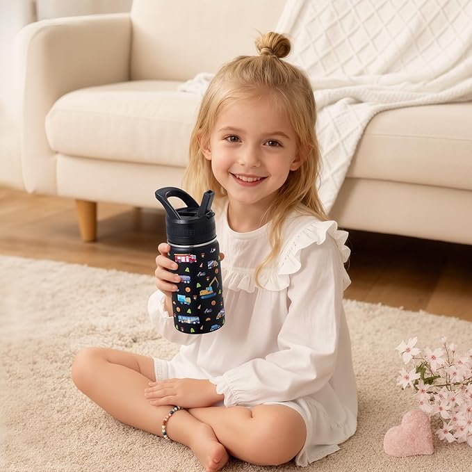 Kids Water Bottle,14oz Stainless Steel Insulated Water Tumbler Leak-Proof,School Water Mug,Small and Portable,Suitable for Boys and Girls to Use(Black cartoon car)