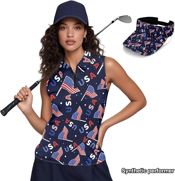 POLERO Golf Tank Top Women Golf Shirts and Visor Hat Collared Racerback Tennis Shirt Set Quarter Zip
