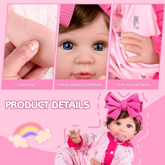 Aori Reborn Baby Dolls 22 Inch Realistic Baby Girl - Lifelike Weighted Newborn with Realistic Wig Hair, Magnetic Pacifier & Pink Outfit, Gift for Collectors, Kids 3+