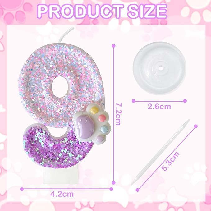 Pink Cat and Dog Paw Birthday Number Candles, Cupcake Decorations, Dog Theme Candles, Suitable for Party Celebrations, Birthday Decoration Supplies (Number 9)