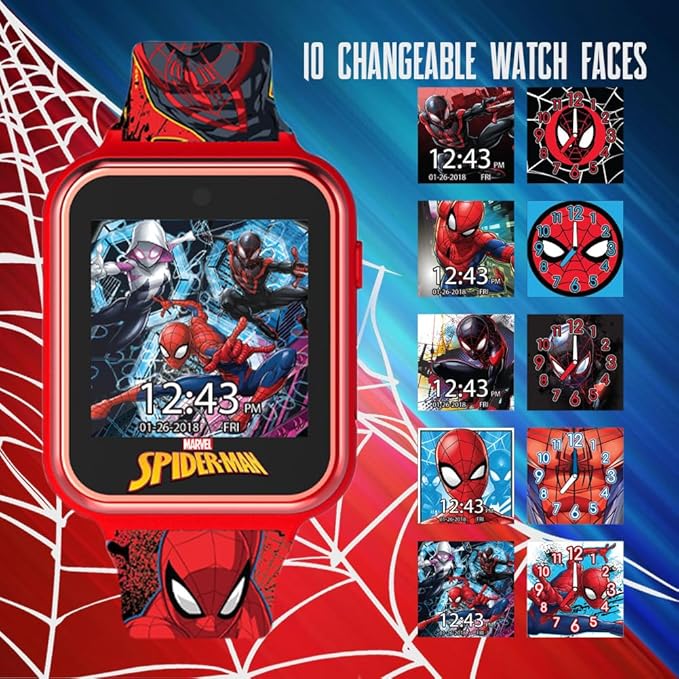 Spider-Man Kids Smartwatch - Interactive LED Screen with 10 Custom Watch Faces, Camera, Games, Alarm, Step Tracker & More - Fun Gift for Boys with Marvel Silicone Strap - Fits Wrists 5.5'' to 8.0"