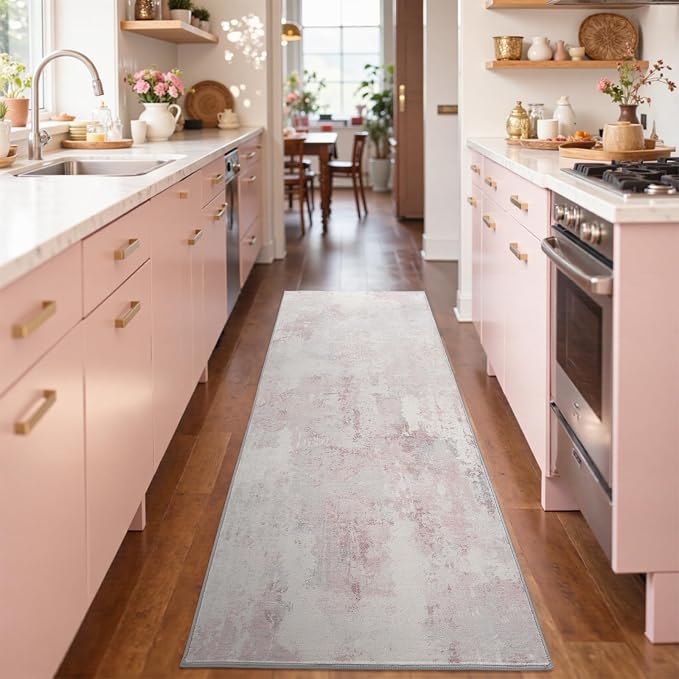 2x6 Ft Washable Runner Rug, Non-Slip Low Pile Hallway Kitchen Area Rug, Soft Long Entryway Floor Mat Abstract Pattern Carpet for Bedside & High-Traffic Areas (Pink)