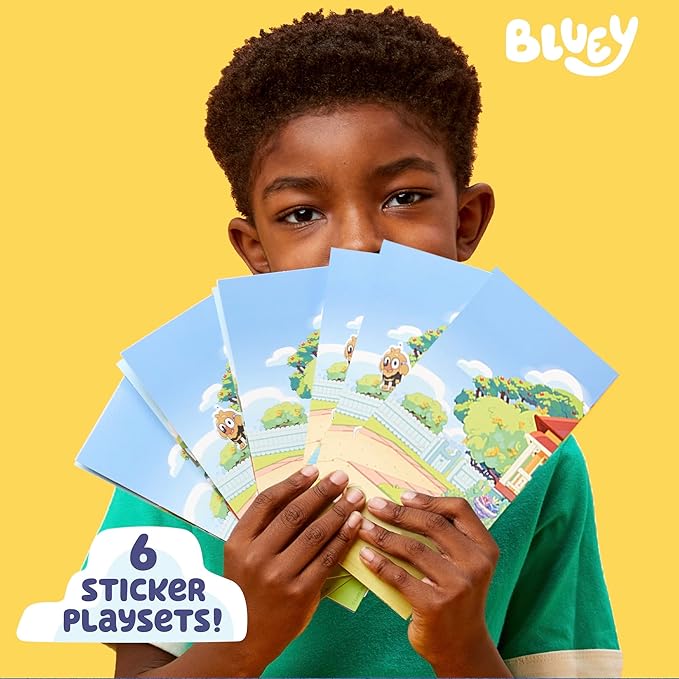 Bluey Mini Sticker Playset, 6-Pack, 45 Reusable Puffy Stickers, Double-Sided Play Scenes, Repositionable, Travel Toy for Kids & Toddlers, Blue