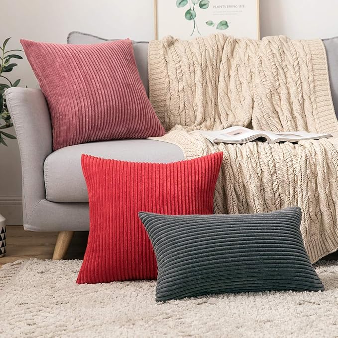 MIULEE Soft Corduroy Throw Pillow Covers Set of 2 18x18 Cranberry Red | Decorative Striped Textured Cushion Cases, Boho Energetic Vibe Pillowcases, Home Decor for Couch Chair Sofa Bed Living Room