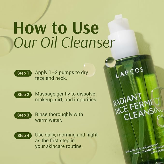LAPCOS K Beauty Fermented Rice Deep Hydration Cleansing Oil - Moisturizing & Hydrating Rice Bran Oil Face Wash Cleanser Makeup Remover - Vegan Korean Skin Care for All Skin Types 6.76 fl oz