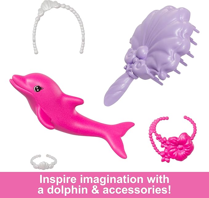 Barbie Mermaid Doll, “Malibu” with Pink Hair, Styling Accessories, Pet Dolphin and Water-Activated Color Change Feature