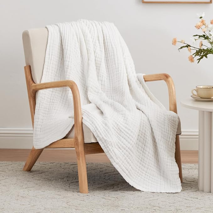 Love's cabin 100% Cotton Muslin Blanket, 6 Layer Lightweight Breathable Gauze Throw Blanket 50 x 60 Inches, Soft All Season Blanket for Couch, Bed, Sofa, White