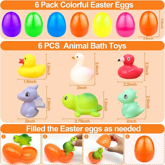 6 Pack 3.5" Large Easter Eggs Filled with Light Up Animal Floating Bath Toys, Plastic Easter Eggs with Dinosaur, Duck Toys Inside for Kids Toddlers Easter Basket Stuffers Fillers Gift Party Favors