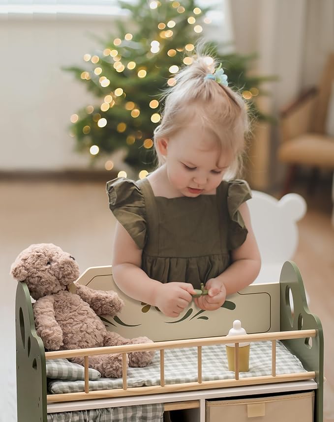 ROBOTIME Baby Doll Crib, Wooden Doll Bed, Toy Baby Crib with Storage, Bedding, and Wooden Hooks, Doll Crib Fits Dolls up to 22’’, Doll Furniture for American Girls Ages 3+ (Green)