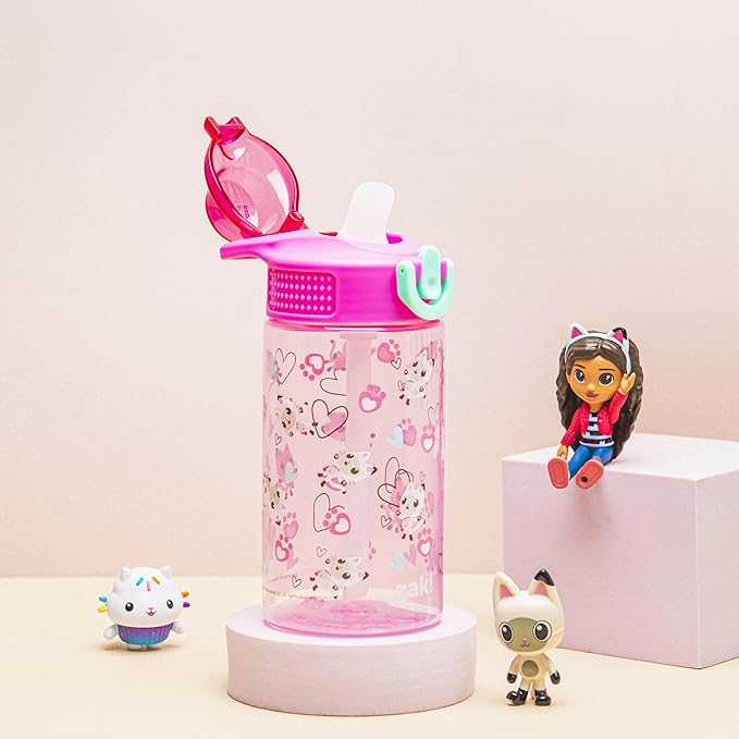 Zak Designs DreamWorks Gabby's Dollhouse Sage Water Bottle For School or Travel, 16oz Durable Plastic Water Bottle With Straw, Handle, and Leak-Proof, Pop-Up Spout Cover (Pandy Paws)