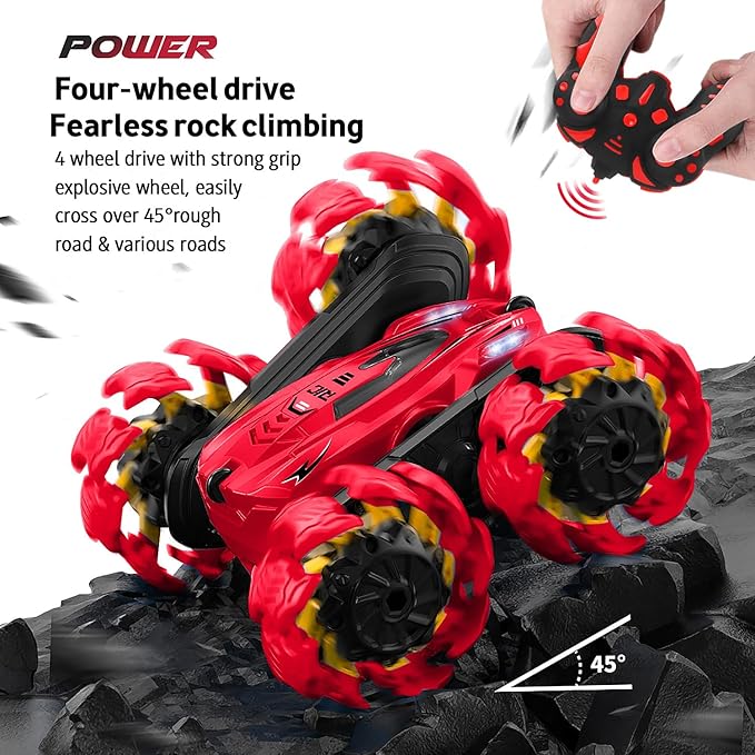 Remote Control Car, New Upgraded Double-Sided 360° Rotating RC Toy Cars with LED Headlights, 2.4GHz Rechargeable Electric Race Stunt Car with 4WD, Best Gift for 6-12 Year Old Boys and Girls (Red)