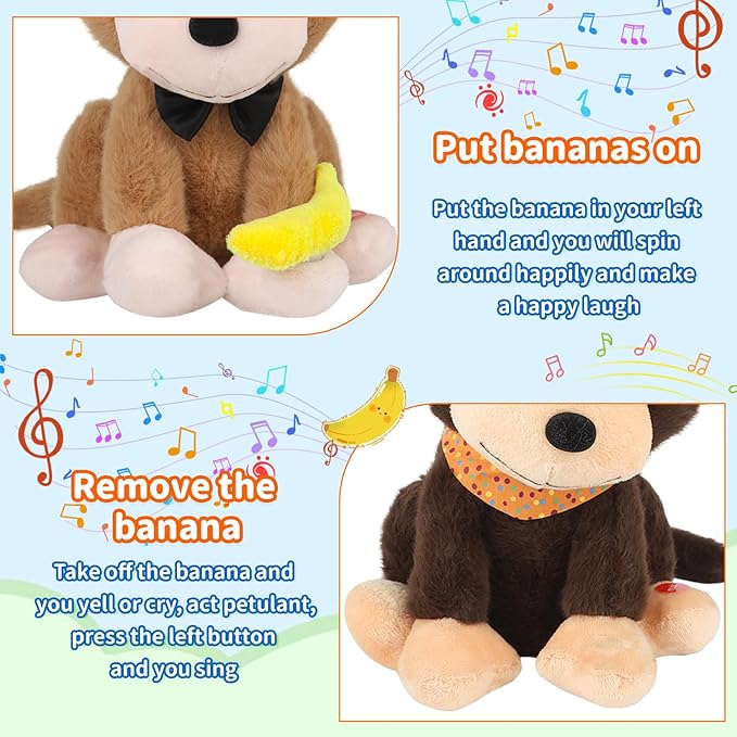 Funny Dancing Singing Monkey Stuffed Animal Happy Birthday Musical Stuffed Animal Singing Dancing Monkey Plush Toy/Repeat What You say/Singing and Head Movement/Gifts for Boy Girl Kids 12" (Brown)