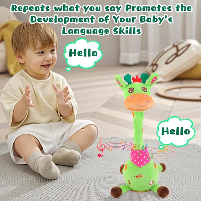 MIAODAM Dancing Giraffe Interactive Toy, Singing 10 Children's Song, Stuffed Baby Toy Repeats What You Say, Christmas Colorful Glowing Plush Interactive Toys for Toddler (Green Giraffe)